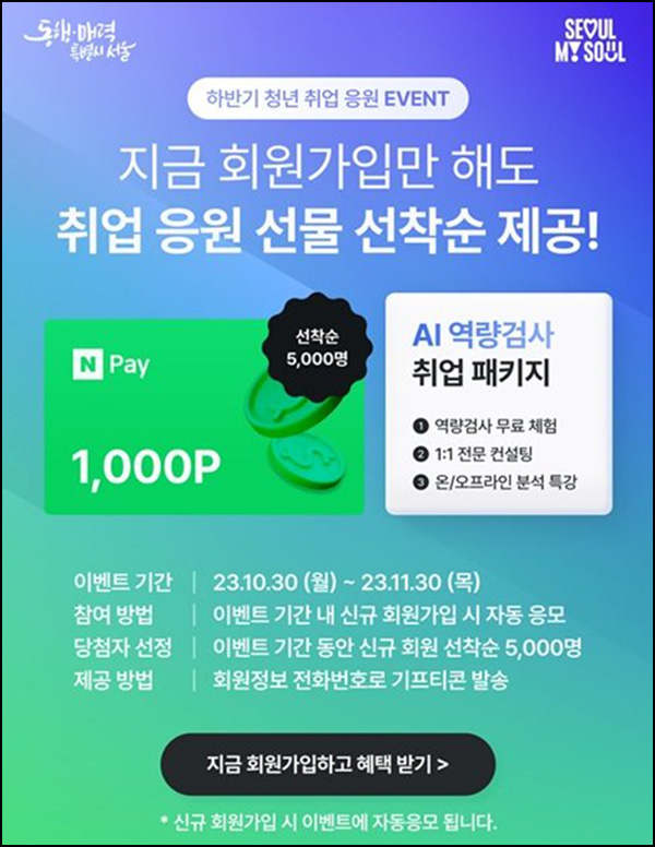 서울시 AI역량검사 신규가입이벤트(네페 1천원 5,000명)선착, 만 39세이하 서울시 AI역량검사 신규가입이벤트(네페 1천원 5,000명)선착, 만 39세이하