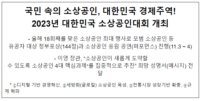 국민 속의 소상공인, 대한민국 경제주역! 2023년 대한민국 소상공인대회 개최