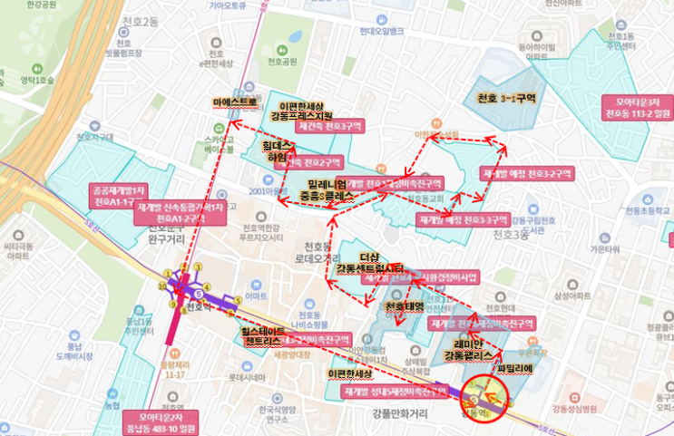  천호 뉴타운 지역 분석_ 천호1구역(강동 밀레니엄 중흥S 클래스),2구역(힐데스하임 천호),3구역(이편한세상 강동 프레스티지원),마에스트로,천호역,성내3구역,성내5구역