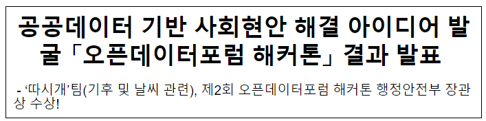 공공데이터 기반 사회현안 해결 아이디어 발굴 「오픈데이터포럼 해커톤」 결과 발표 공공데이터 기반 사회현안 해결 아이디어 발굴 「오픈데이터포럼 해커톤」 결과 발표