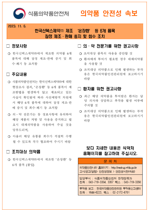 한국신텍스제약 6개 품목 제조·판매 중지, 회수 조치