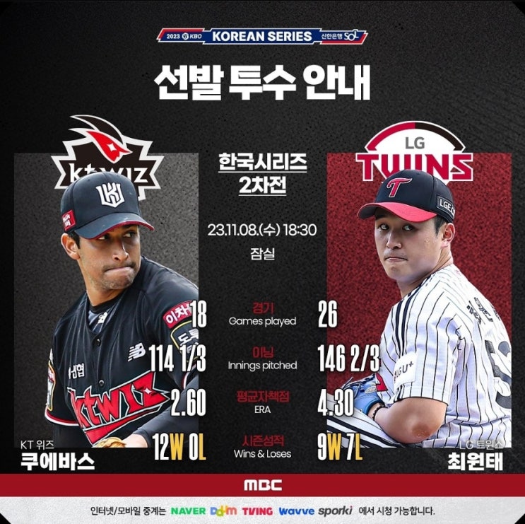  KS 코시 2차전 한국시리즈 경기일정 : 선발 라인업 최원태 쿠에바스