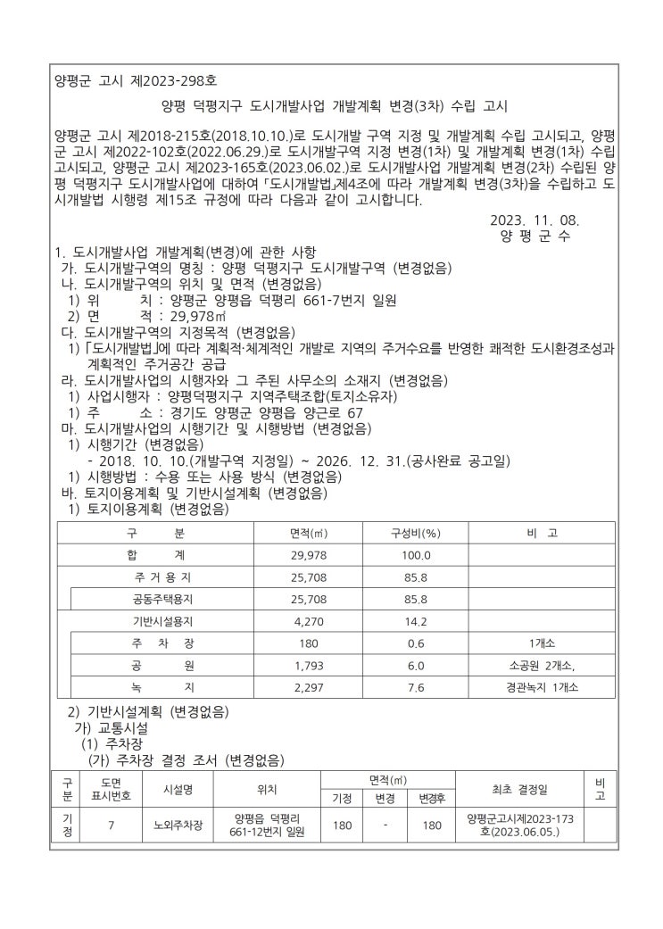  양평 덕평지구 도시개발사업 개발계획 변경(3차) 수립 고시