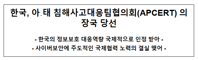 한국, 아·태 침해사고대응팀협의회(APCERT) 의장국 당선 한국, 아·태 침해사고대응팀협의회(APCERT) 의장국 당선