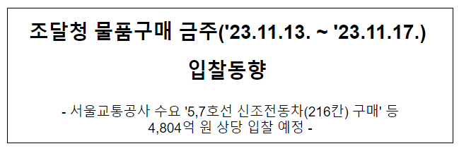 물품구매 금주(’23.11.13. ~ ’23.11.17.) 입찰동향