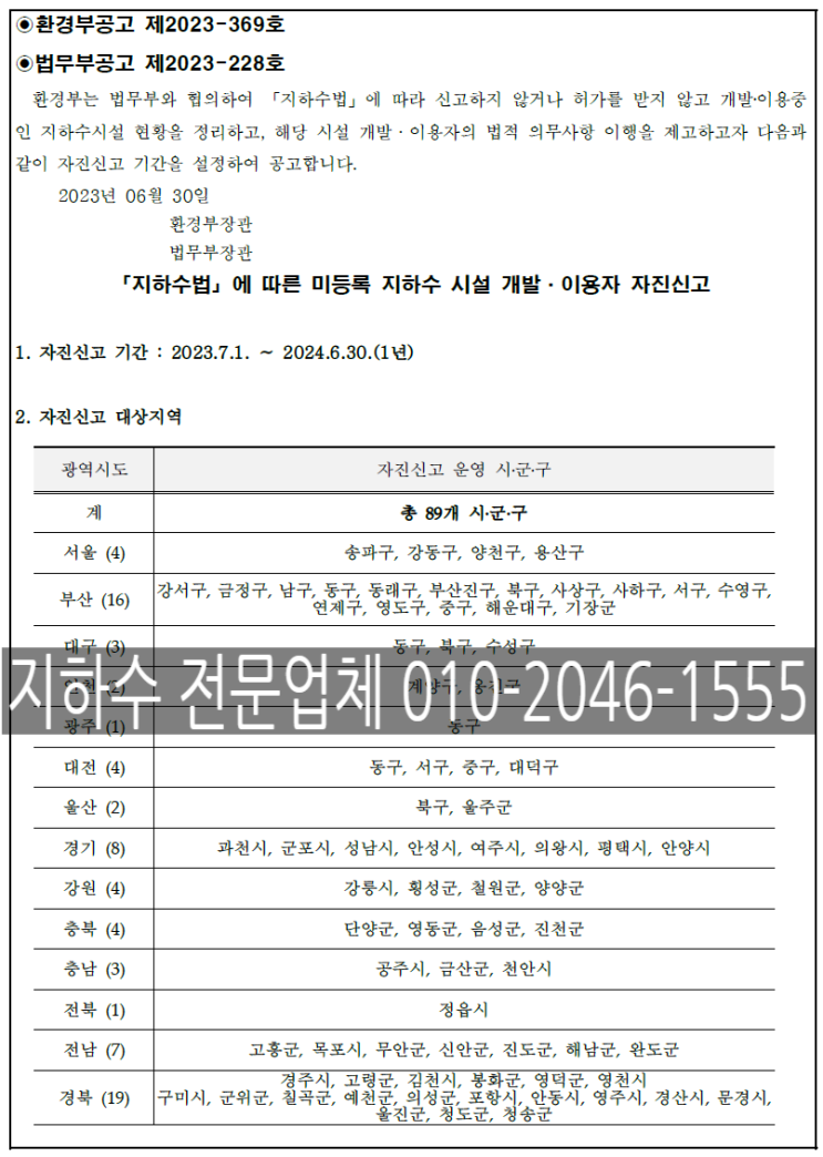  필독 : 미등록 지하수 자진신고 기간2023.7.1 ~ 2024.6.30(1년)
