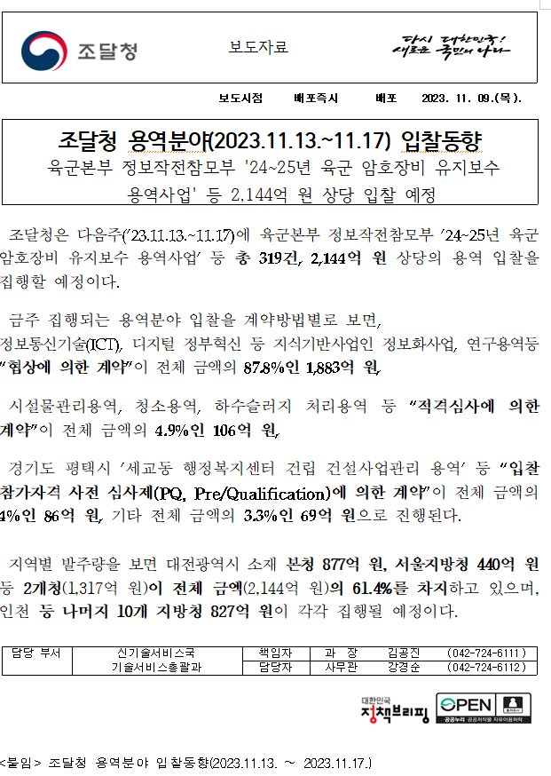 조달청 용역분야(2023.11.13.~11.17) 입찰동향 조달청 용역분야(2023.11.13.~11.17) 입찰동향