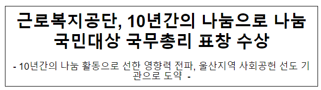 근로복지공단, 10년간의 나눔으로 나눔국민대상 국무총리 표창 수상 근로복지공단, 10년간의 나눔으로 나눔국민대상 국무총리 표창 수상