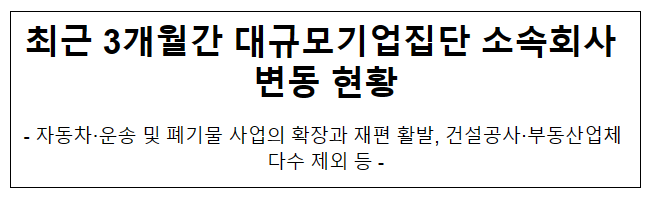 최근 3개월간 대규모기업집단 소속회사 변동 현황 최근 3개월간 대규모기업집단 소속회사 변동 현황