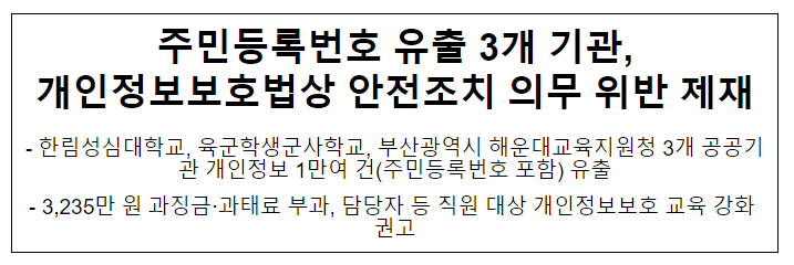 주민등록번호 유출 3개 기관, 개인정보보호법상 안전조치 의무 위반 제재 주민등록번호 유출 3개 기관, 개인정보보호법상 안전조치 의무 위반 제재