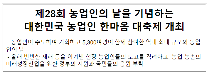 제28회 농업인의 날을 기념하는 대한민국 농업인 한마음 대축제 개최 제28회 농업인의 날을 기념하는 대한민국 농업인 한마음 대축제 개최