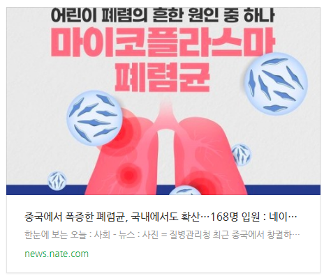 [뉴스] 중국에서 폭증한 폐렴균, 국내에서도 확산…168명 입원