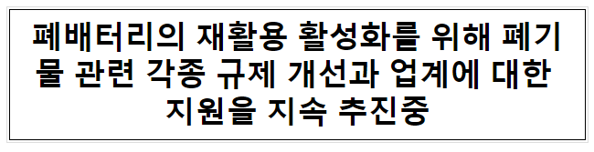 폐배터리의 재활용 활성화를 위해 폐기물 관련 각종 규제 개선과 업계에 대한 지원을 지속 추진중