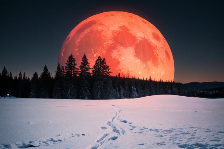 [Ai Greem] 배경_달 114: 눈밭을 배경으로 하는 적월, 붉은 달 Ai 무료 이미지