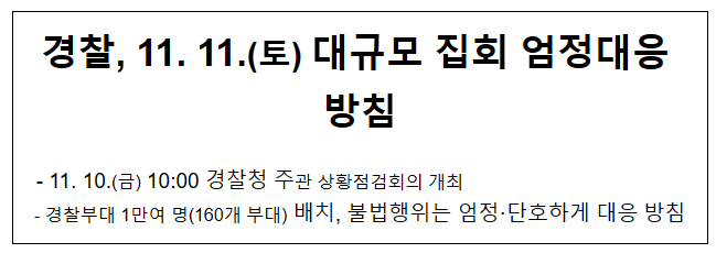 경찰, 11. 11.(토) 대규모 집회 엄정대응 방침