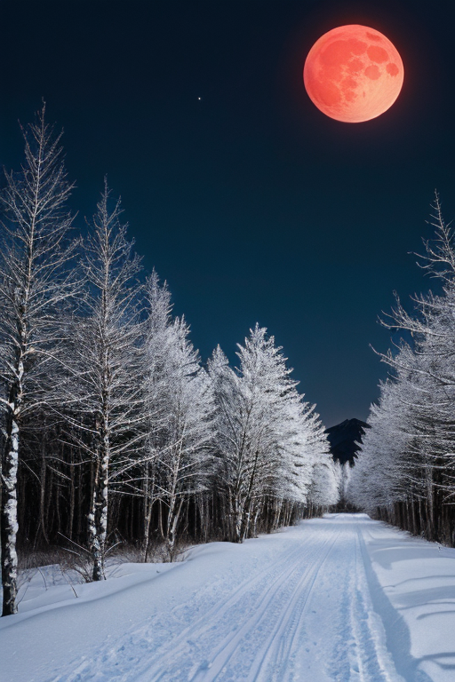 [Ai Greem] 배경_달 103: 추운 겨울 산, 설산을 배경으로 하는 월식, 붉은 달 무료 이미지