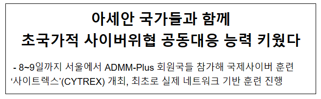 ADMM-Plus 국제사이버 훈련 ‘사이트렉스’(CYTREX) 개최