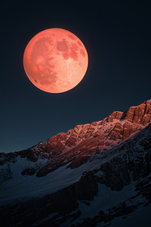 [Ai Greem] 배경_달 102: 새하얀 설원을 배경으로 하는 월식, 붉은 달 Ai 무료 이미지 및 일러스트