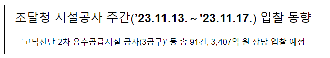 조달청 시설공사 주간(’23.11.13.~’23.11.17.) 입찰 동향 조달청 시설공사 주간(’23.11.13.~’23.11.17.) 입찰 동향