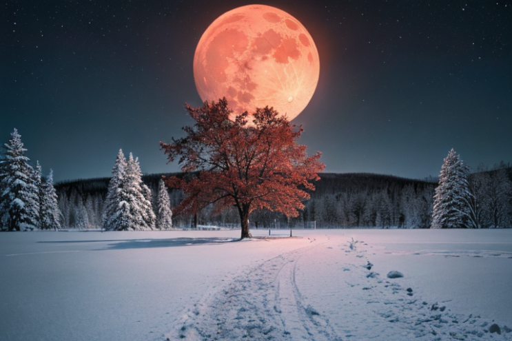 [Ai Greem] 배경_달 111: 월식, 붉은 달, 적월, 빨간 달, 설원, 겨울, 눈밭, 상업적으로 사용 가능한 무료 이미지, 월식 일러스트, 월식 AI 이미지