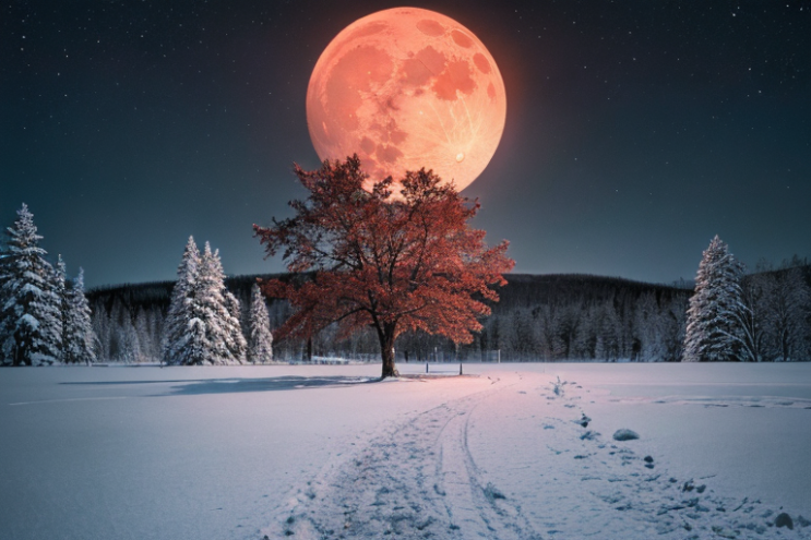  [Ai Greem] 배경_달 111: 월식, 붉은 달, 적월, 빨간 달, 설원, 겨울, 눈밭, 상업적으로 사용 가능한 무료 이미지, 월식 일러스트, 월식 AI 이미지