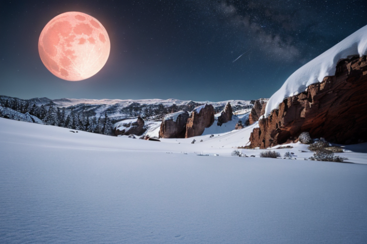 [Ai Greem] 배경_달 119: 겨울 배경 속 붉은 달, 적월 무료 이미지, 분위기 있는 겨울 무료 이미지