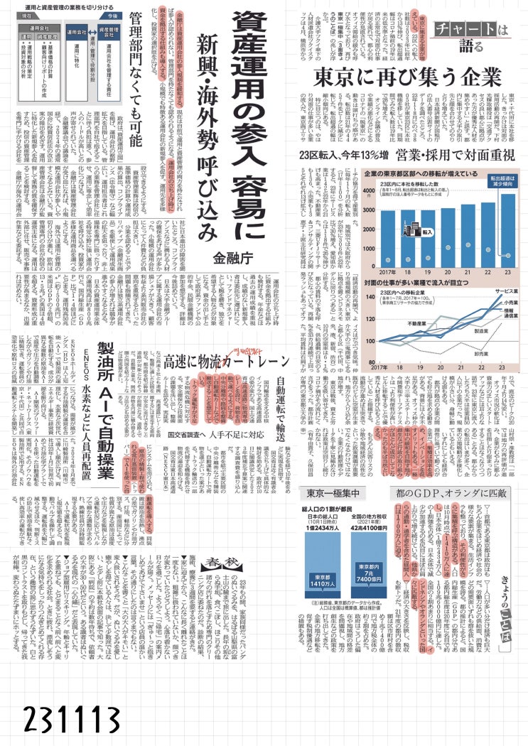 [231113 월] 아사히, 닛케이(일본경제) 신문 스크랩