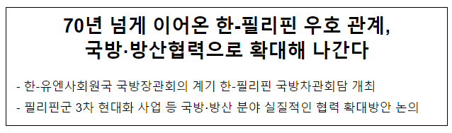70년 넘게 이어온 한-필리핀 우호 관계, 국방·방산협력으로 확대해 나간다 70년 넘게 이어온 한-필리핀 우호 관계, 국방·방산협력으로 확대해 나간다