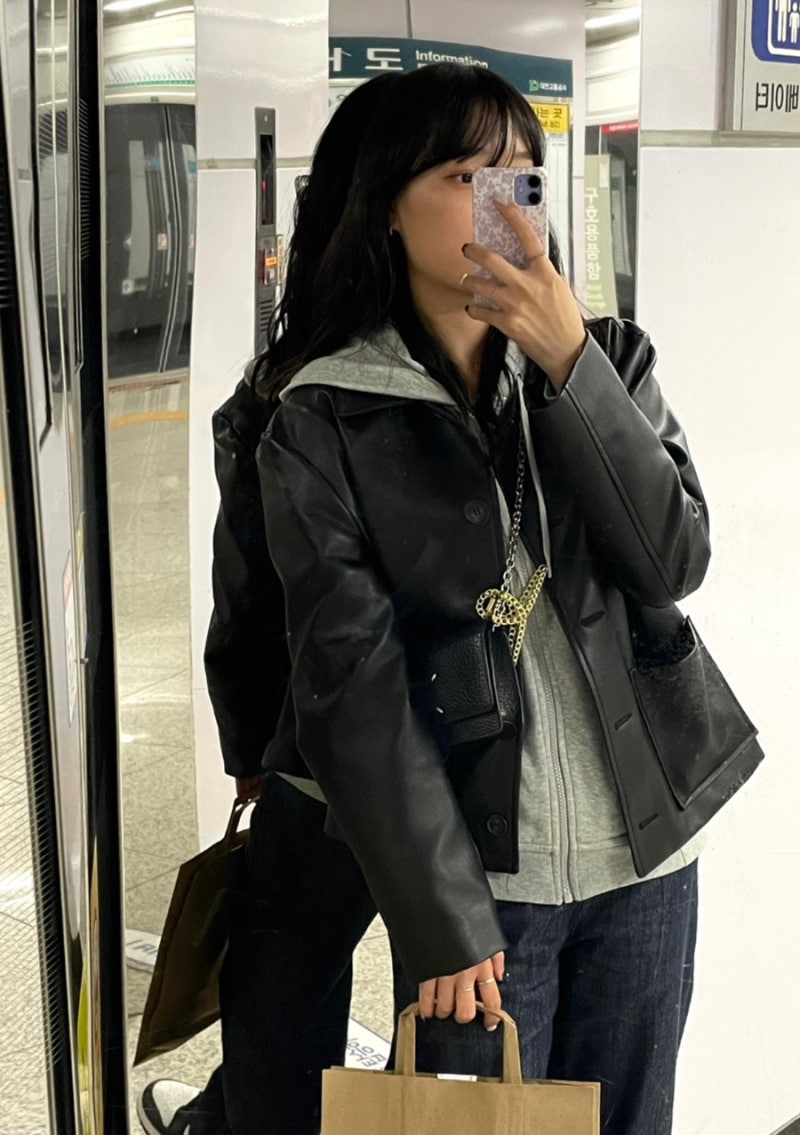 회색후드 레이어드룩 :: 로렌하이 레더자켓 / 나이키 회색후드집업 / 히니크 생지와이드 / 범....