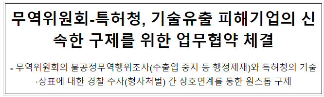 무역위원회-특허청, 기술유출 피해기업의 신속한 구제를 위한 업무협약 체결