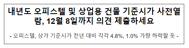 내년도 오피스텔 및 상업용 건물 기준시가 사전열람, 12월 8일까지 의견 제출하세요 내년도 오피스텔 및 상업용 건물 기준시가 사전열람, 12월 8일까지 의견 제출하세요