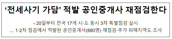 ‘전세사기 가담’ 적발 공인중개사 재점검한다, 20일부터 전국 17개 시·도 동시 3차 특별점검 실시