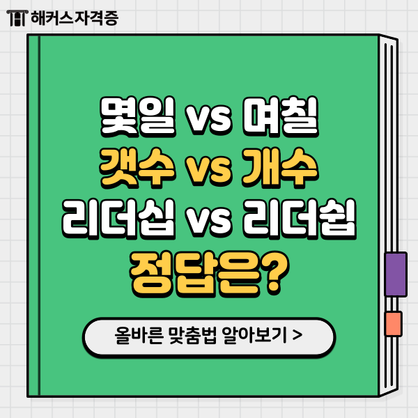 몇일 며칠, 갯수 개수, 리더십 리더쉽 올바른 맞춤법은? 몇일 며칠, 갯수 개수, 리더십 리더쉽 올바른 맞춤법은?