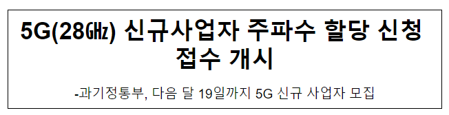 5G(28GHz) 신규사업자 주파수 할당 신청 접수 개시 5G(28GHz) 신규사업자 주파수 할당 신청 접수 개시