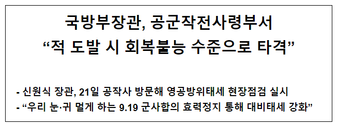 국방부장관, 공군작전사령부서 “적 도발 시 회복불능 수준으로 타격”