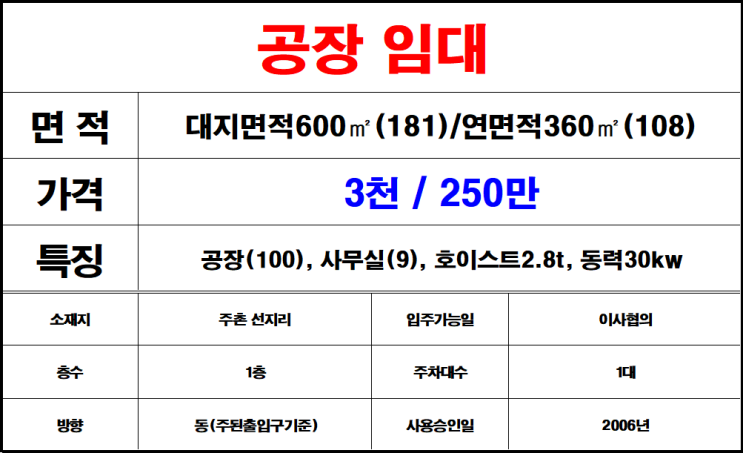  김해 주촌 선지리 공장 임대 주촌공장임대