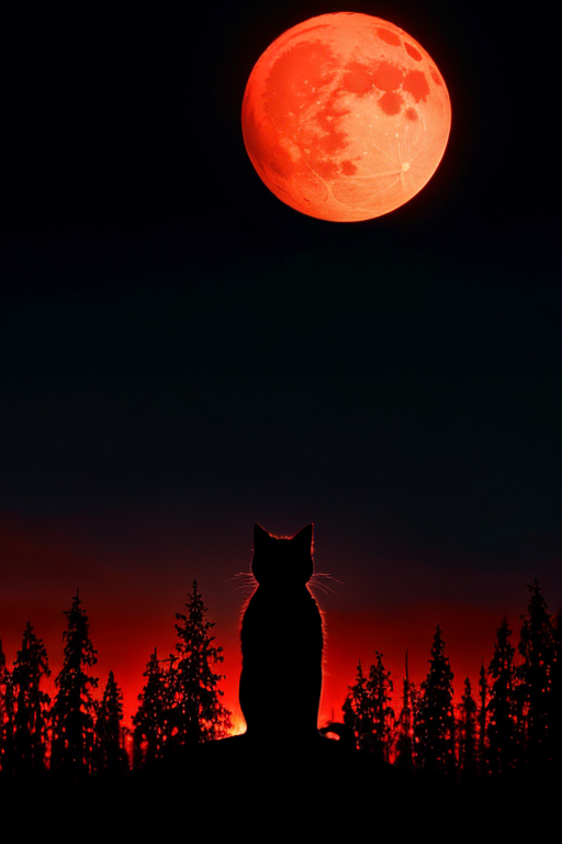 [Ai Greem] 배경_달 155: Free image of cat's Silhouette in a lunar eclipse and red moon background.