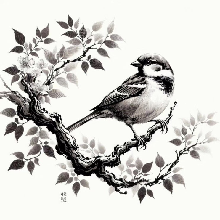  DALL-E(달리)를 이용한 이미지 생성사례 / Sparrow on the branch, oriental ink painting /디지털콘텐츠큐레이터 황선웅