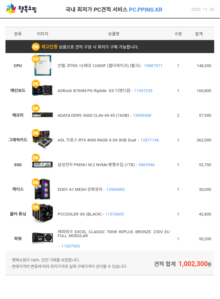  24년 1월 pc견적 추천