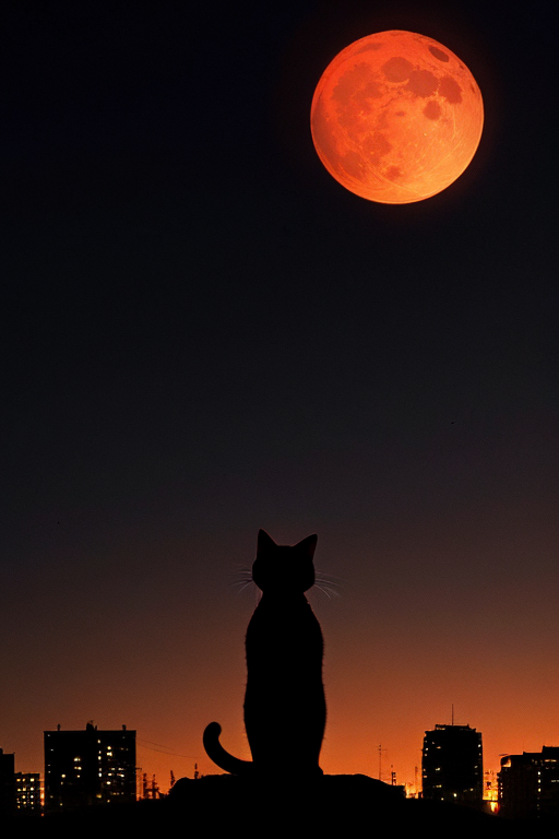 [Ai Greem] 배경_달 153: 붉은 달 배경의 고양이 실루엣 Ai 무료 이미지 일러스트