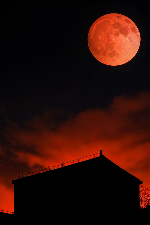  [Ai Greem] 배경_달 165: Free image of building's Silhouette in a lunar eclipse and red moon background.