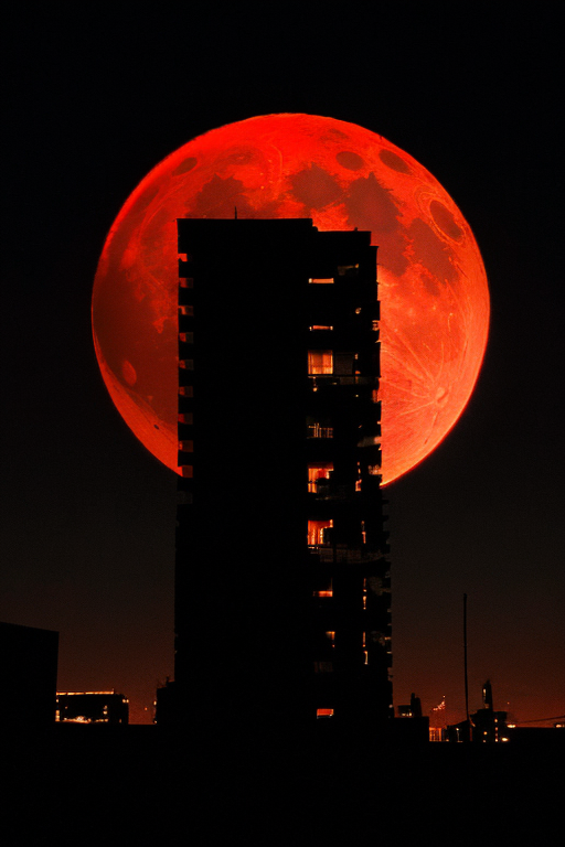 [Ai Greem] 배경_달 166: 월식, 붉은 달, 적월, 빨간 달, 건물, 빌딩, 실루엣, 느낌있는, 상업적으로 사용 가능한 무료 이미지, 월식 일러스트, 월식 AI 이미지