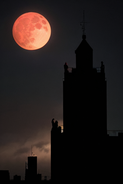 [Ai Greem] 배경_달 168: 을씨년스러운 느낌을 주는 무료 이미지, 붉은 달을 배경으로 하는 건물이 나오는 Ai 무료 일러스트