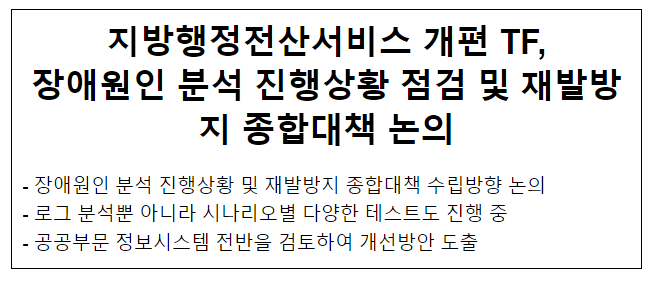 지방행정전산서비스 개편 TF, 장애원인 분석 진행상황 점검 및 재발방지 종합대책 논의 지방행정전산서비스 개편 TF, 장애원인 분석 진행상황 점검 및 재발방지 종합대책 논의