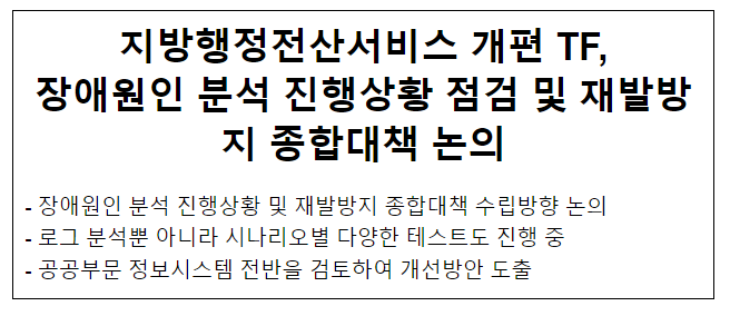 지방행정전산서비스 개편 TF, 장애원인 분석 진행상황 점검 및 재발방지 종합대책 논의