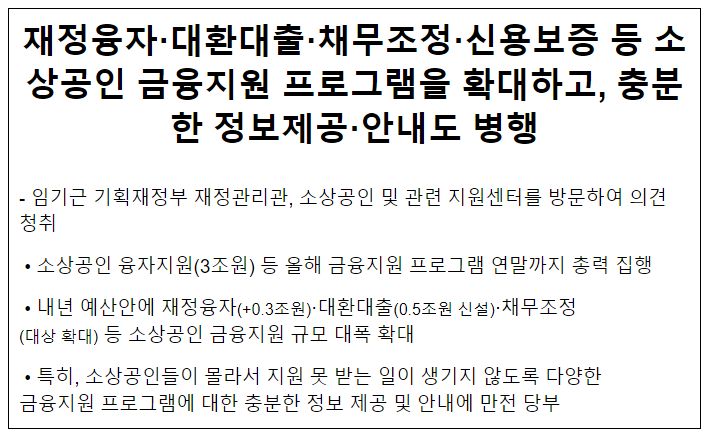 소상공인 금융지원 프로그램을 확대하고, 충분한 정보제공·안내도 병행