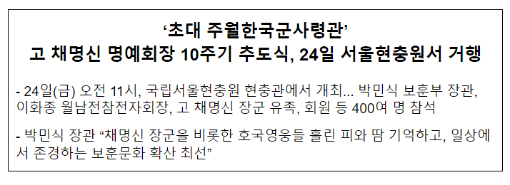 ‘초대 주월한국군사령관’ 고 채명신 명예회장 10주기 추도식, 24일 서울현충원서 거행 ‘초대 주월한국군사령관’ 고 채명신 명예회장 10주기 추도식, 24일 서울현충원서 거행