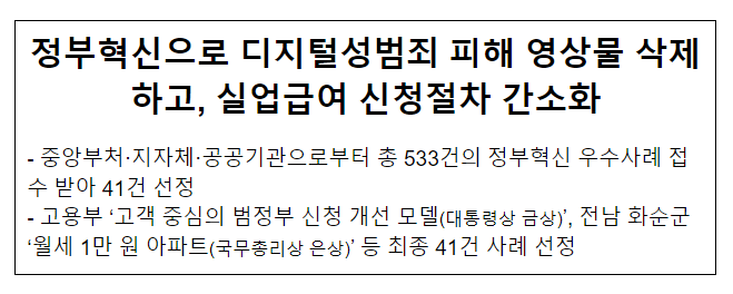 정부혁신으로 디지털성범죄 피해 영상물 삭제하고, 실업급여 신청절차 간소화 정부혁신으로 디지털성범죄 피해 영상물 삭제하고, 실업급여 신청절차 간소화