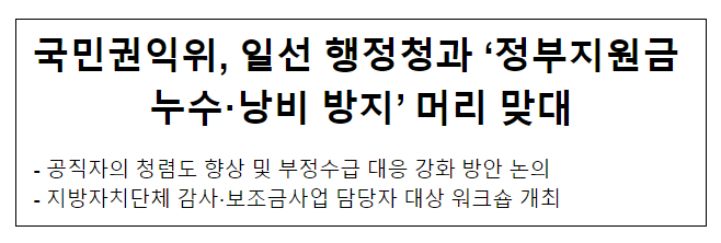 국민권익위, 일선 행정청과 ‘정부지원금 누수·낭비 방지’ 머리 맞대 국민권익위, 일선 행정청과 ‘정부지원금 누수·낭비 방지’ 머리 맞대