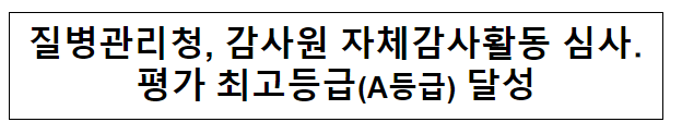 질병관리청, 감사원 자체감사활동 심사․평가 최고등급(A등급) 달성(11.27.월) 질병관리청, 감사원 자체감사활동 심사․평가 최고등급(A등급) 달성(11.27.월)
